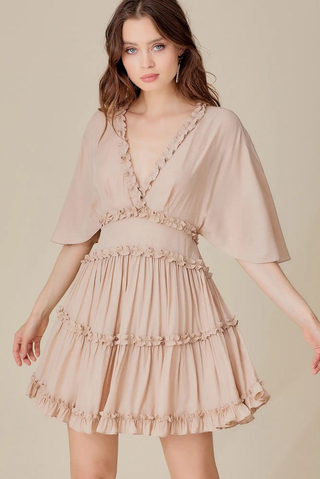 SAMPLE Ruffle Detail Flared Sleeve Tiered Dress - Champagne