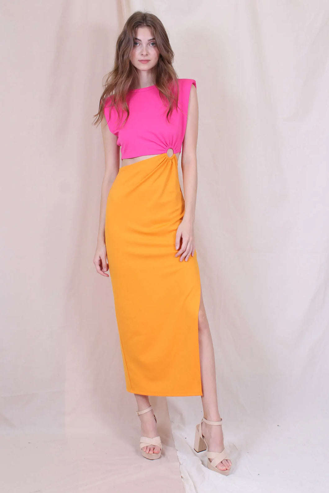 FINAL SALE, Color Block Cut Out Maxi Dress - Hot Pink/Apricot