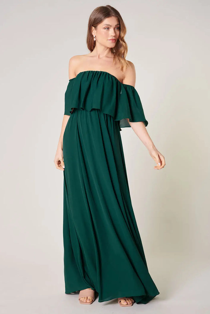 SAMPLE, Enamored Off the Shoulder Ruffle Dress - Emerald Green