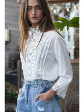 Load image into Gallery viewer, SAMPLE Floral Lace Mock Neck Woven Blouse