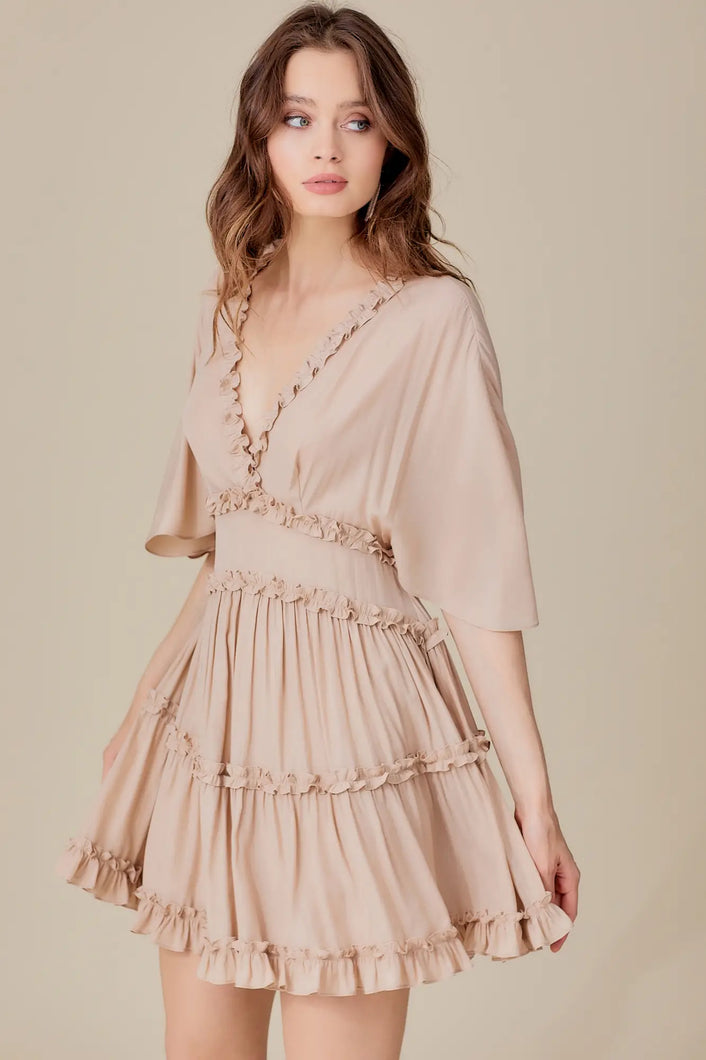 Ruffle Detail Flared Sleeve Tiered Dress - Champagne