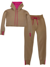Load image into Gallery viewer, SAMPLE Vigeō Tan/Neon Pink - Cropped Hoodie &amp; High Waisted Jogger Set