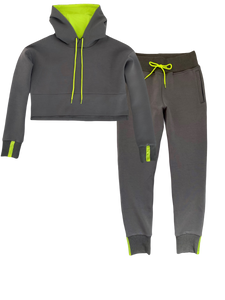 SAMPLE Vigeō Grey/Neon Yellow - Cropped Hoodie & High Waisted Jogger Set